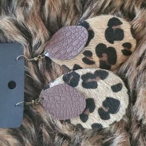 💛THANDMADE EARRINGS HANDCRAFTED COWHIDE ANIMAL PRINT TEARDROP LAYERED DANGLE/